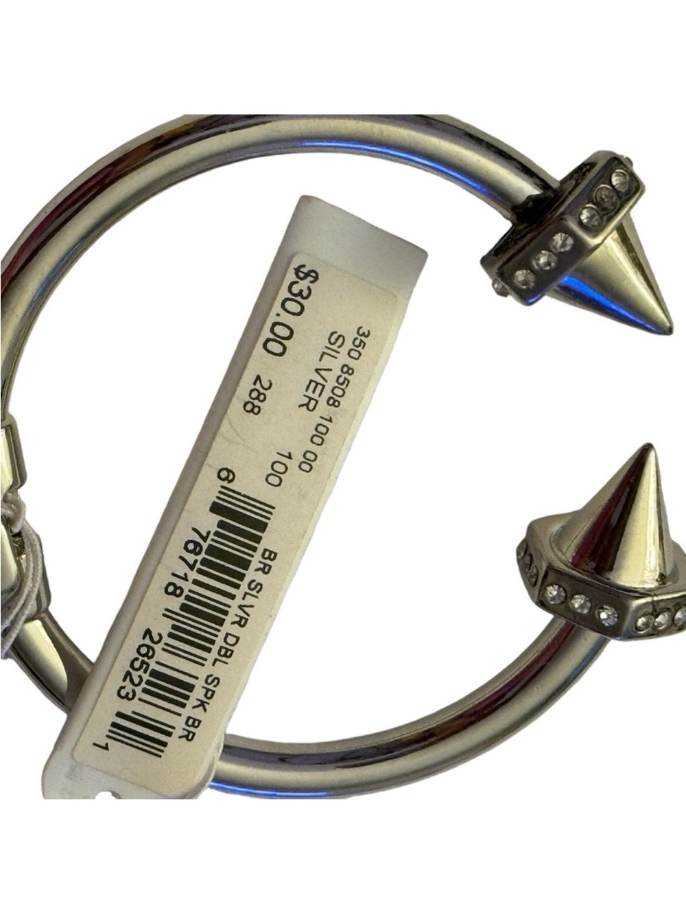 Brass Rhodium Silver Spike Bangle Bracelet with Rhinestone Accents